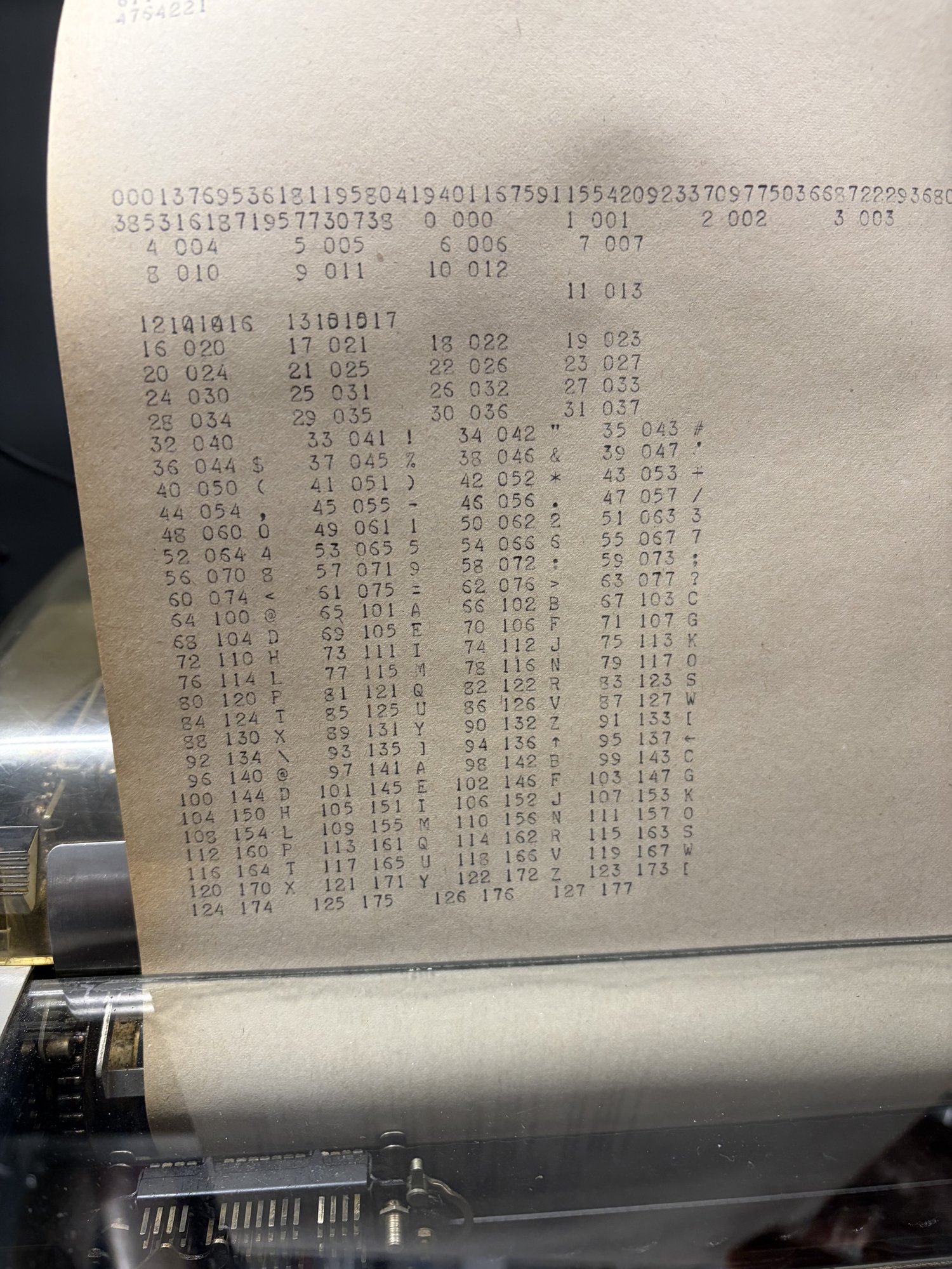 An ASCII table printed on the teletype with decimal, octal, and glyph columns.