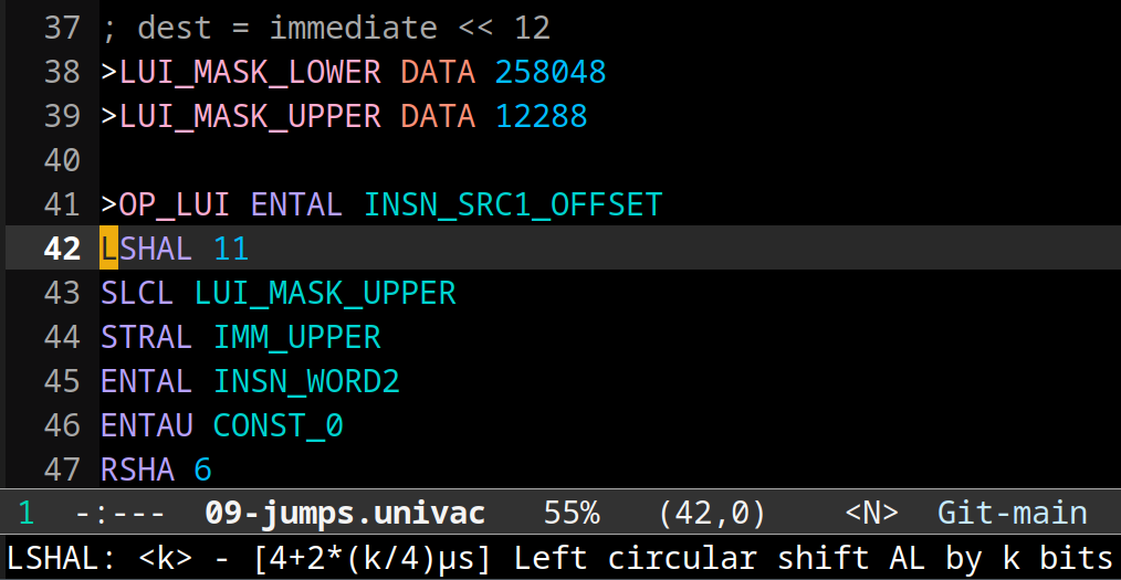 A UNIVAC assembly file open in emacs with syntax highlighting.