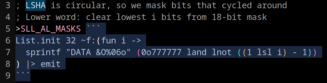 A short OCaml expression in an asm file that generates a 32-entry data table.