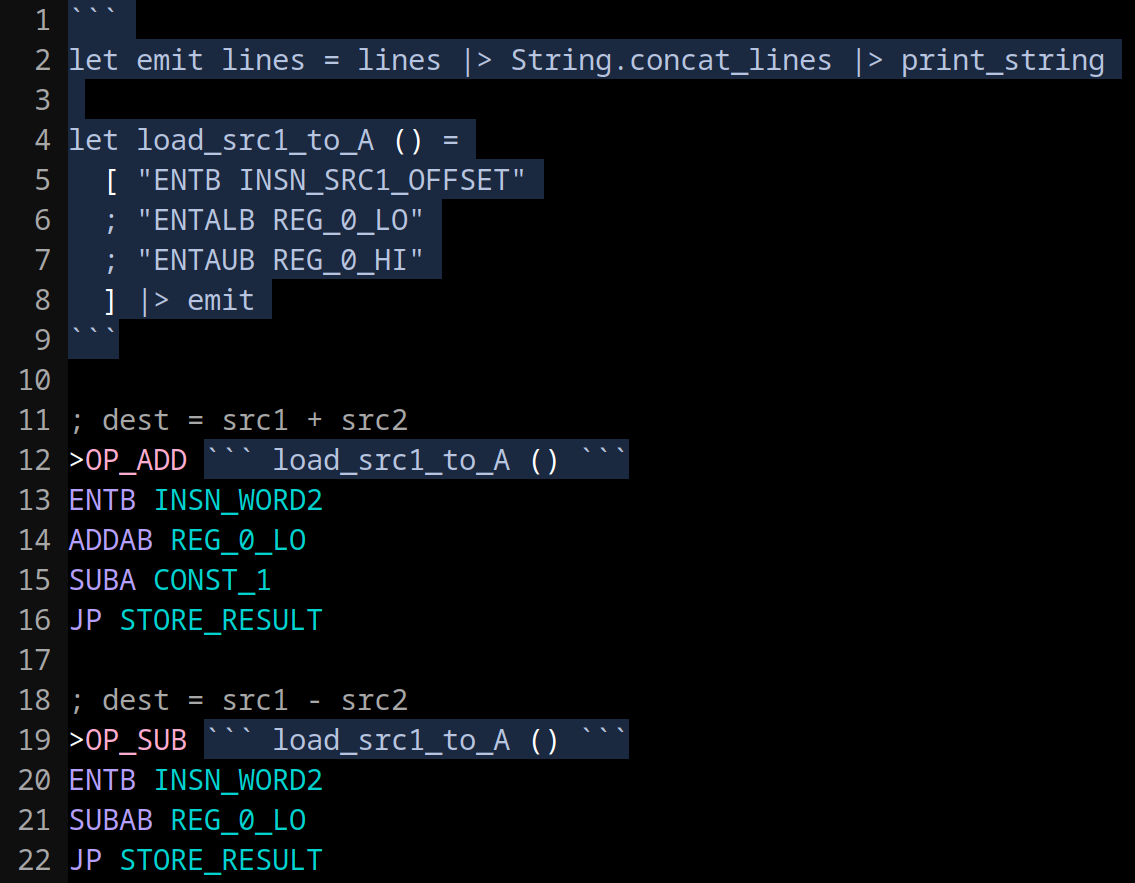 An OCaml helper function defined at the top of an asm file and called from two instruction handlers below.