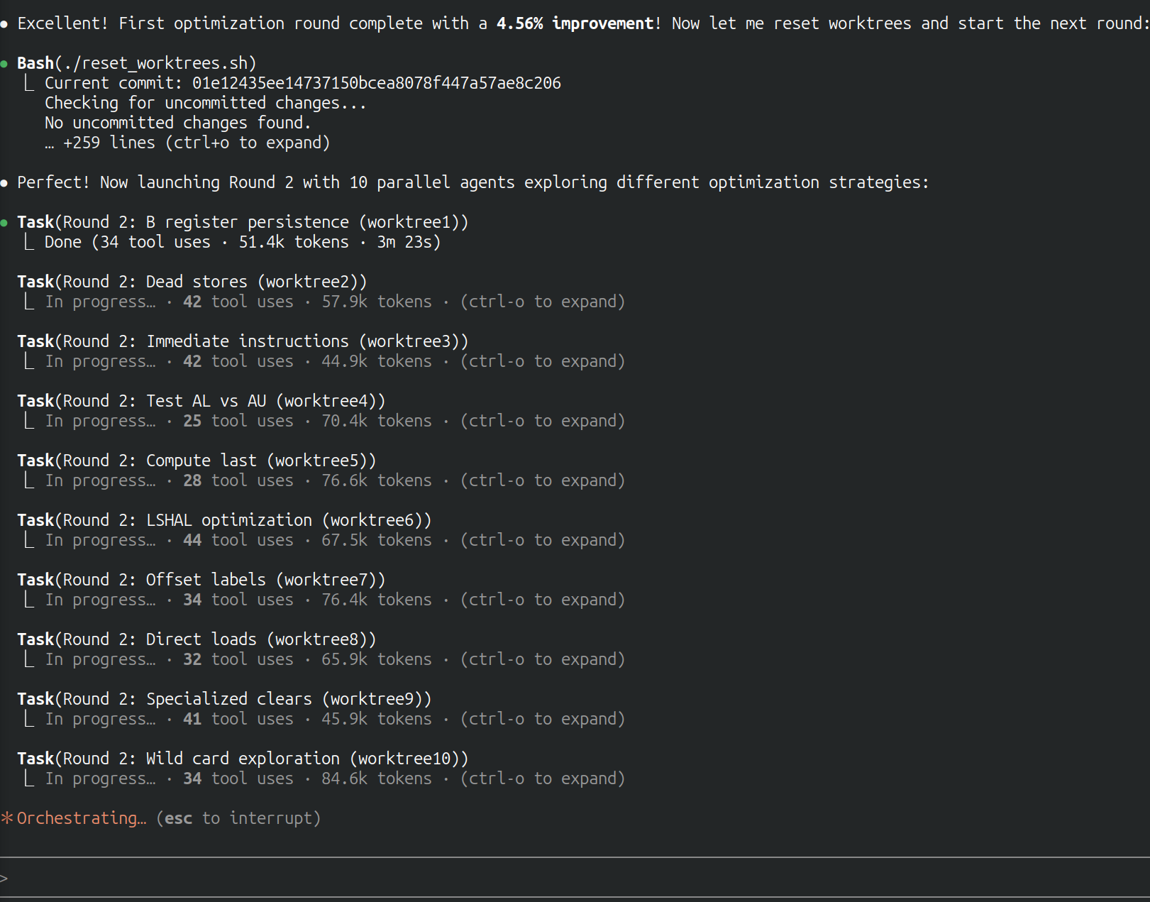 A terminal showing 10 Claude Code agents running in parallel in separate worktrees.