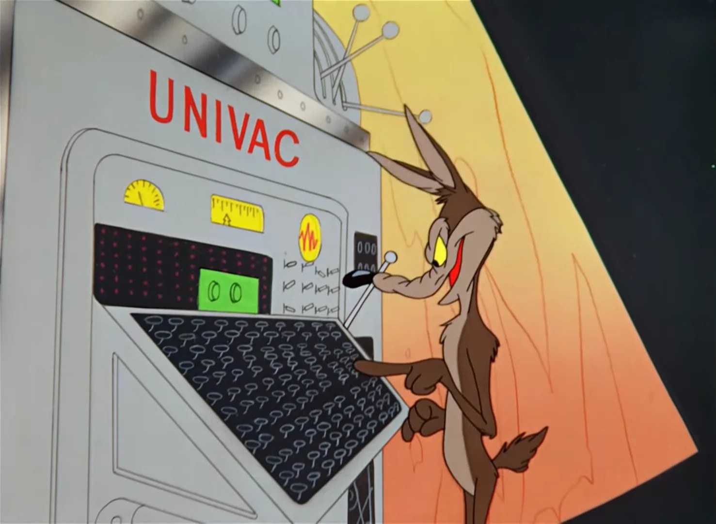 Wile E. Coyote operating a UNIVAC in a Looney Tunes cartoon.